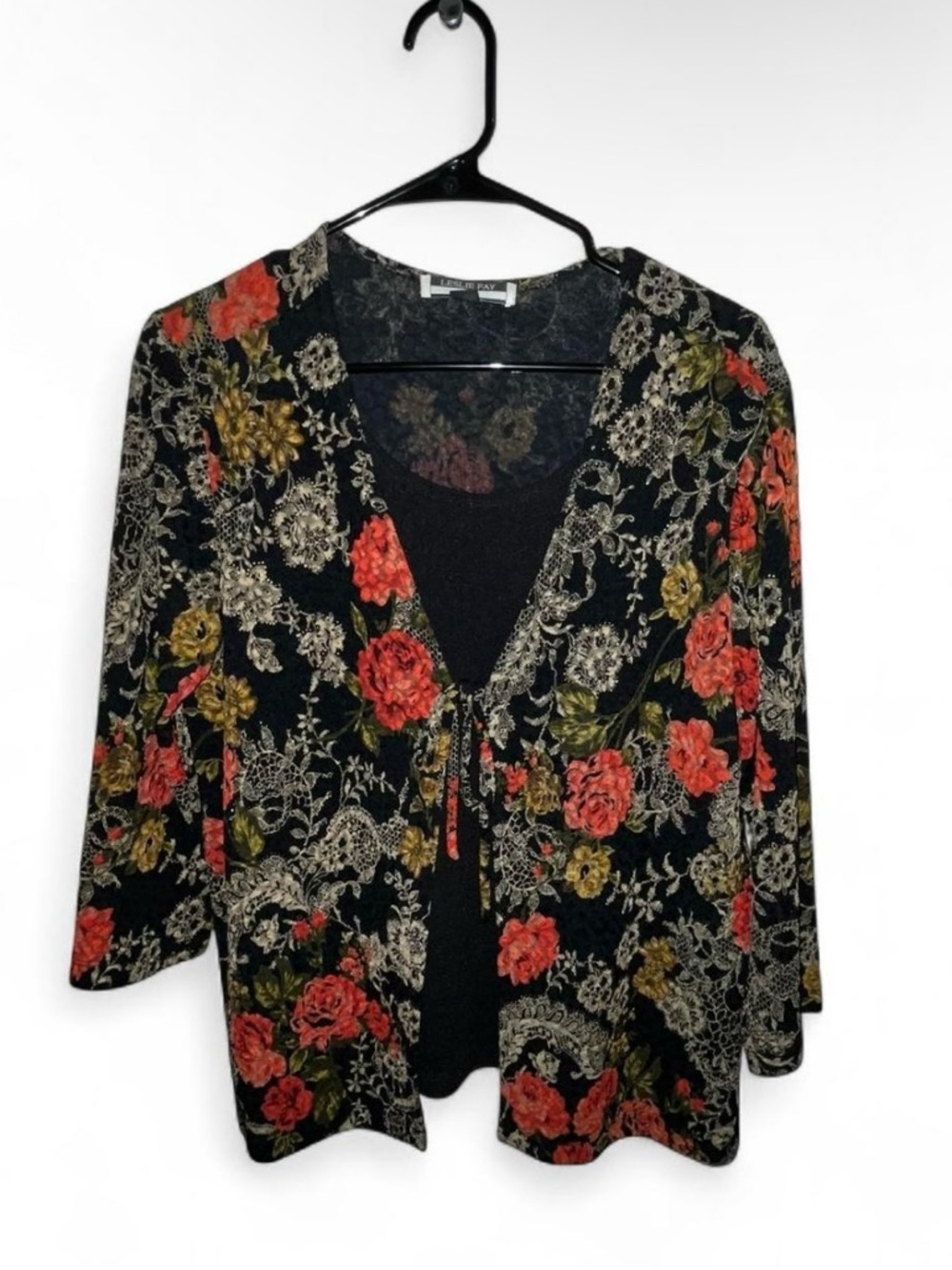 Leslie Fay Black Cardigan with Coral Roses and Olive Accents
